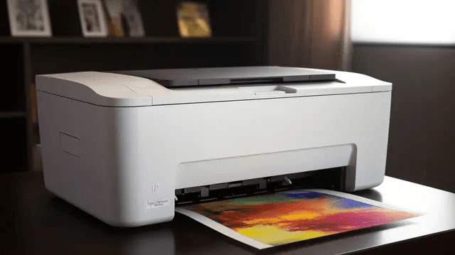 Printer on a desk with a printed photo